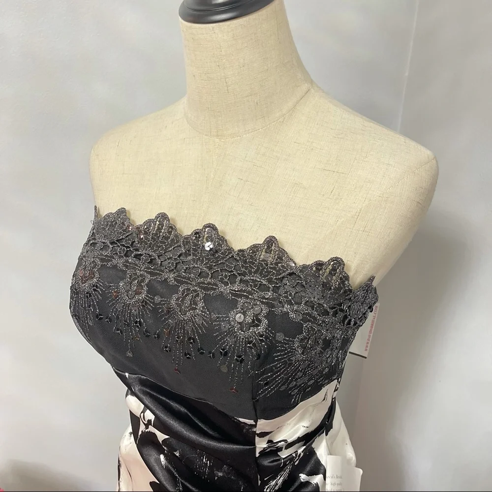 # Davids Bridal Strapless Sequined Chest Black & White Gown / Maxi Dress Size 7 - Picture 13 of 17